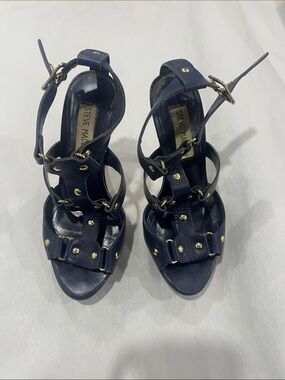 Steve Madden Navy Leather Studded Strappy Heels with Gold Accents